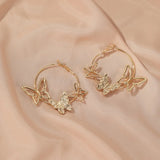 Hollow Butterfly Hoop Earrings Silver Insect Circle Jewelry