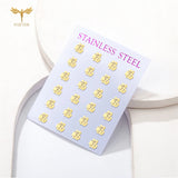 12 Pairs Chinese Characters Stud Earrings Golden Stainless Steel Jewelry