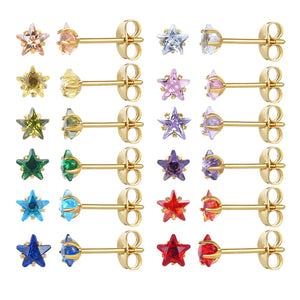 12 Pairs Star CZ Stud Earring Set, Birthstone Earrings for Women
