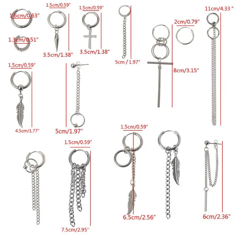 12 Pairs Titanium Steel Cross Feather Earrings Set