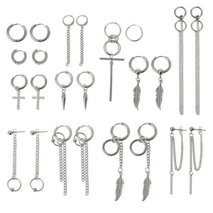 12 Pairs Titanium Steel Kpop Cross Feather Earrings Set