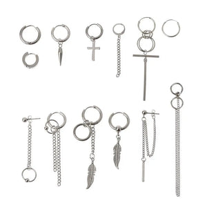 12 Pairs Titanium Steel Kpop Cross Feather Earrings Set