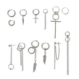 12 Pairs Titanium Steel Kpop Cross Feather Earrings Set