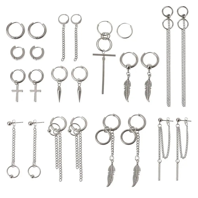 12 Pairs Titanium Steel Kpop Cross Feather Earrings Set