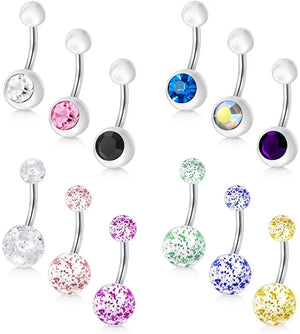 12 Pcs 14G Stainless Steel Belly Button Rings CZ Inlaid Navel Bars
