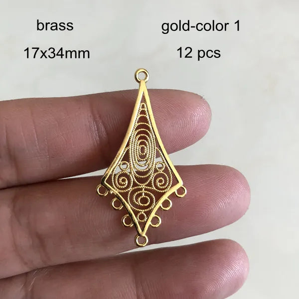 12 Pcs Brass Filigree Chandelier Charms 17x34mm Metal Rhombus Pendant