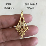 12 Pcs Brass Filigree Chandelier Charms 17x34mm Metal Rhombus Pendant