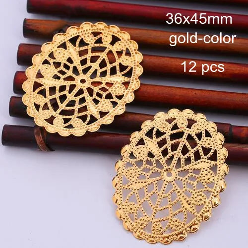 12 Pcs Brass Filigree Oval Flowers 36x45mm Metal Hollow Ornament Gold/Silver/KC