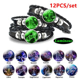 12 Pcs Constellation Bracelet Set Luminous Zodiac Braided Leather Bracelet