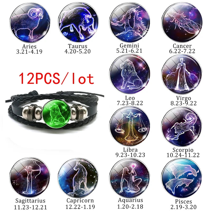 12 Pcs Constellation Bracelet Set Luminous Zodiac Braided Leather Bracelet