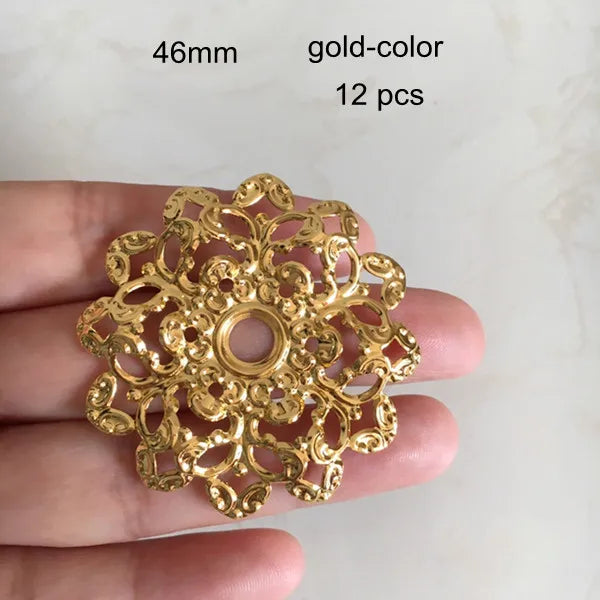 12 Pcs Brass Flowers 6mm Tray, 46mm Filigree Flowers, Gold/Silver/KC Metal