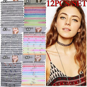 12 Pcs Fishline Tattoo Chokers Necklace Set Vintage Gothic Punk Hippy Hollow