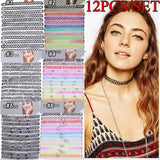12 Pcs Fishline Tattoo Chokers Necklace Set Vintage Gothic Punk Hippy Hollow