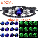 12 Pcs Zodiac Bracelets Glow In The Dark Leather Braided Bracelet