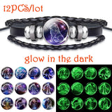 12 Pcs Zodiac Bracelets Glow In The Dark Leather Braided Bracelet