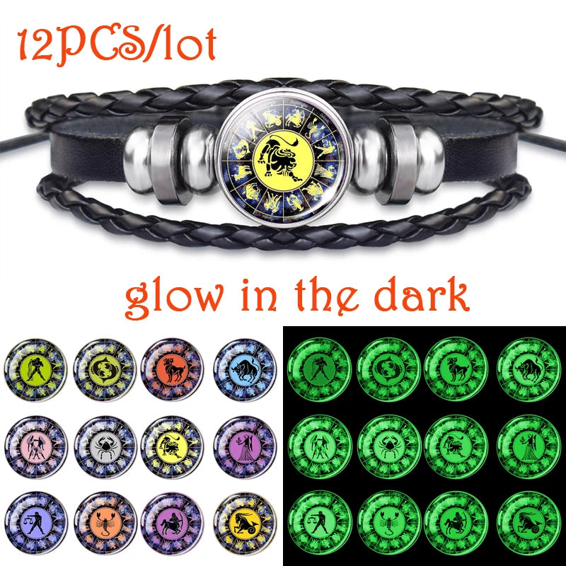 12 Pcs Zodiac Bracelets Glow In The Dark Leather Braided Bracelet