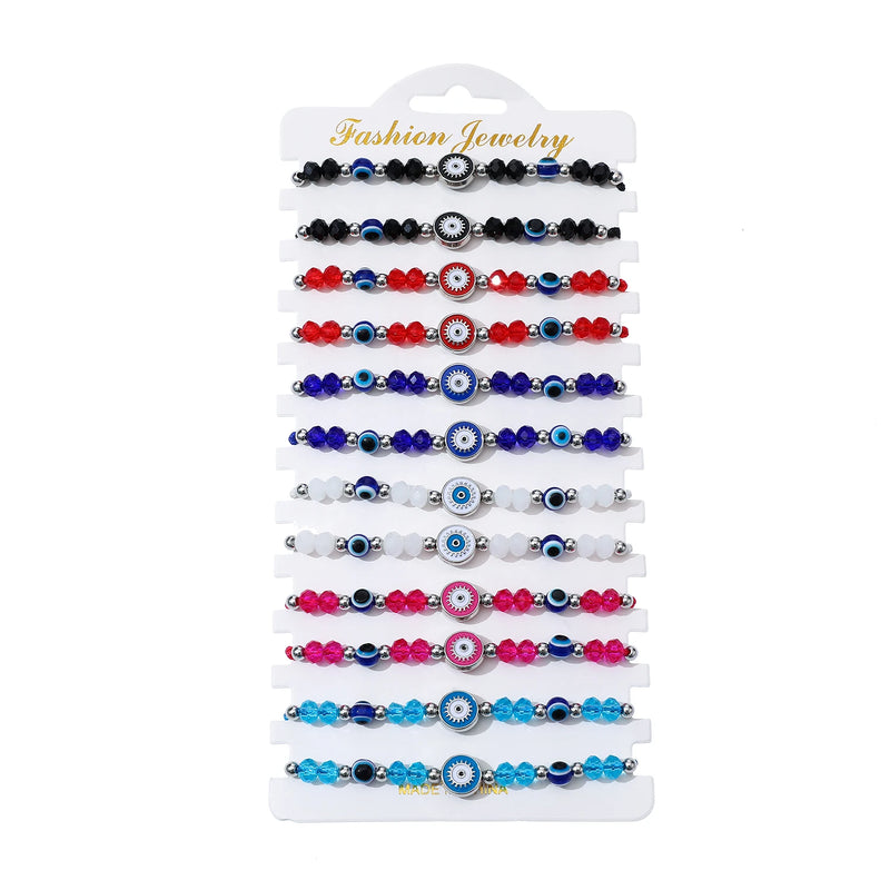 12 Colorful Crystal Evil Eye Beaded Charms Bracelets for Women