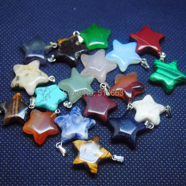 12 Pcs Natural Gemstone Five Stars Shape Pendant Mix Stones Size 20mm
