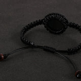 Natural Crystal Hematite Bracelet Round Stone Charm Waxed Cord Braided Men Women