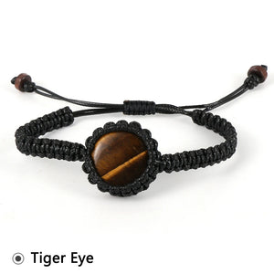 Natural Crystal Hematite Bracelet Round Stone Charm Waxed Cord Braided Men Women