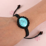 Natural Crystal Hematite Bracelet Round Stone Charm Waxed Cord Braided Men Women