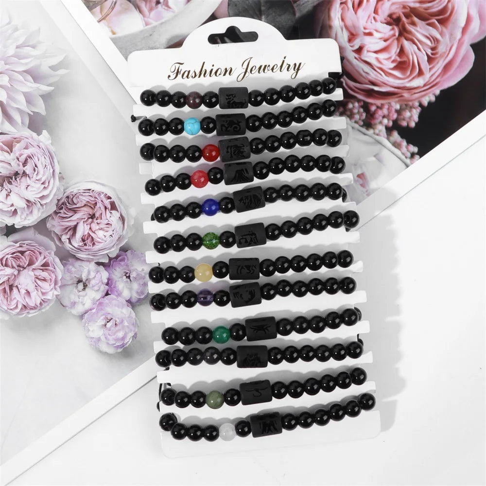 12 Zodiac Charm Constellation Bracelets Natural Stone Beaded 10Pcs/Set