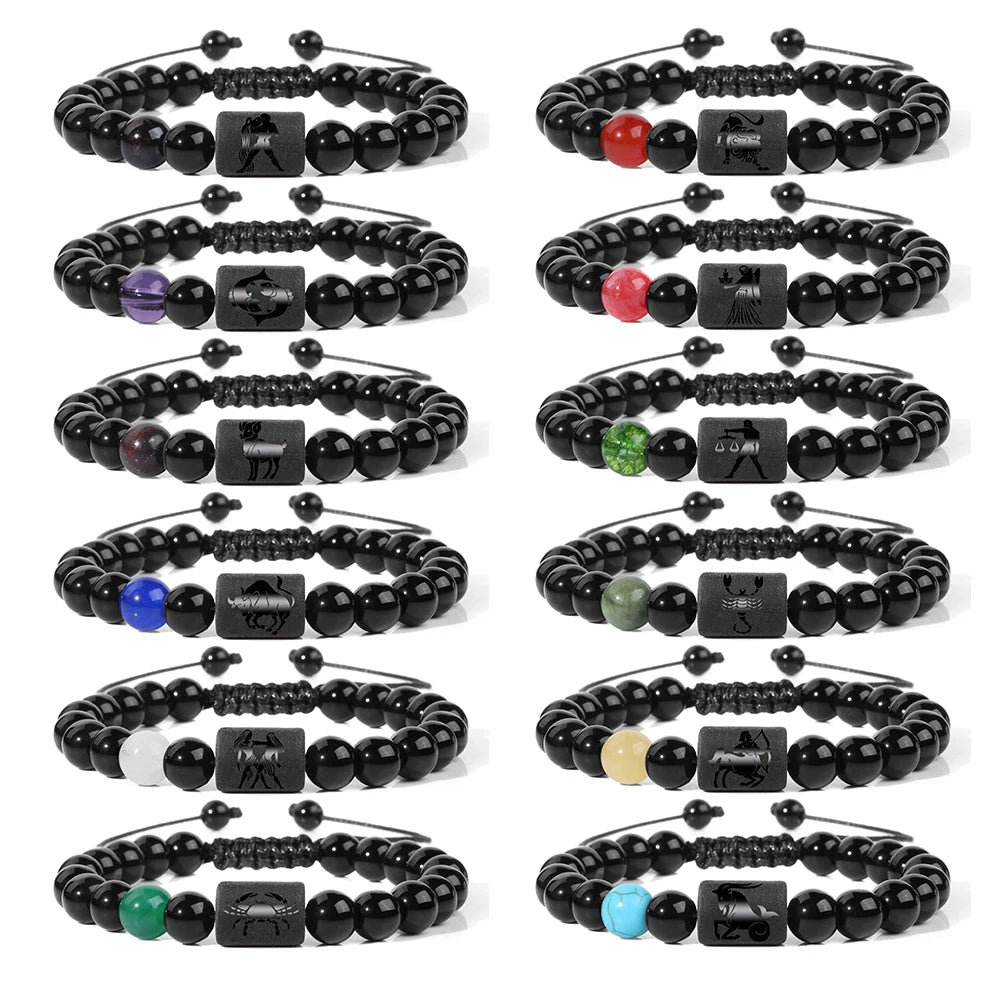 12 Zodiac Charm Constellation Bracelets Natural Stone Beaded 10Pcs/Set