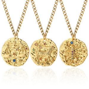 Zodiac Necklace Vintage Coin Pendant Copper Pave CZ Punk Collar