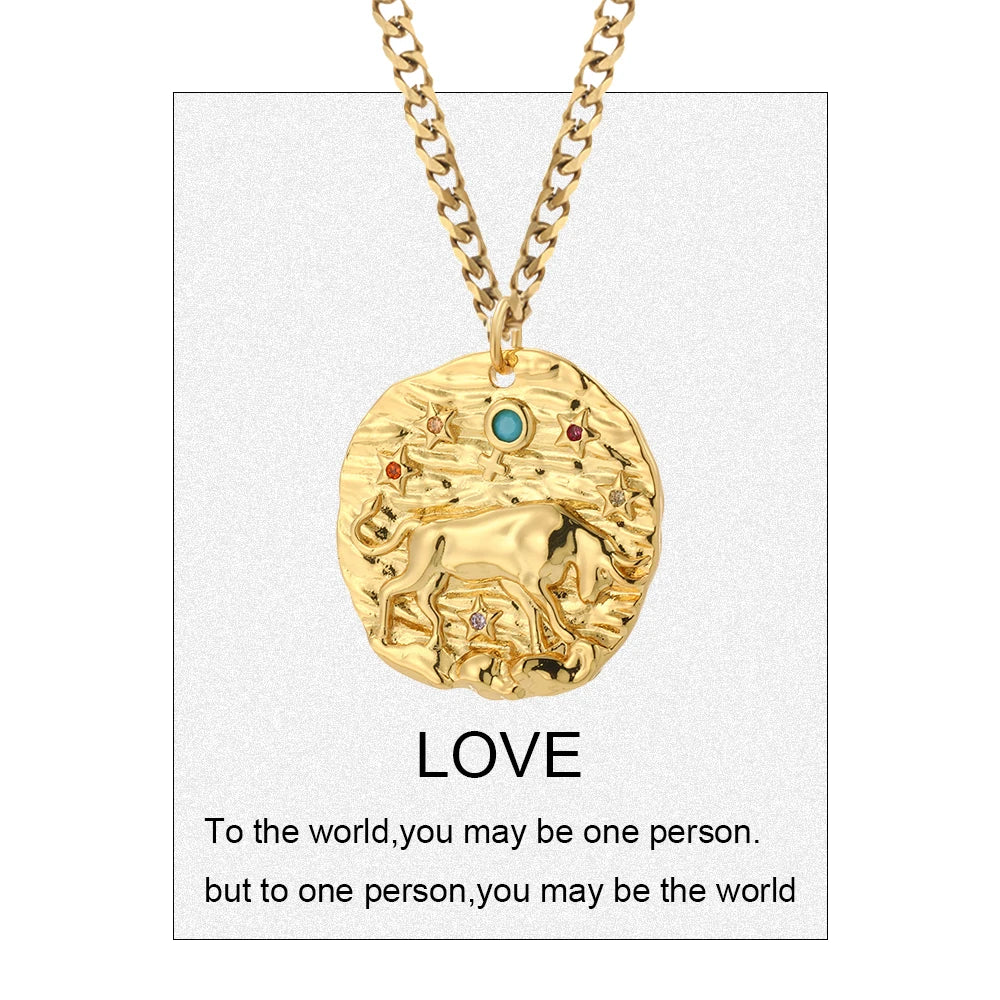 Zodiac Necklace Vintage Coin Pendant Copper Pave CZ Punk Collar