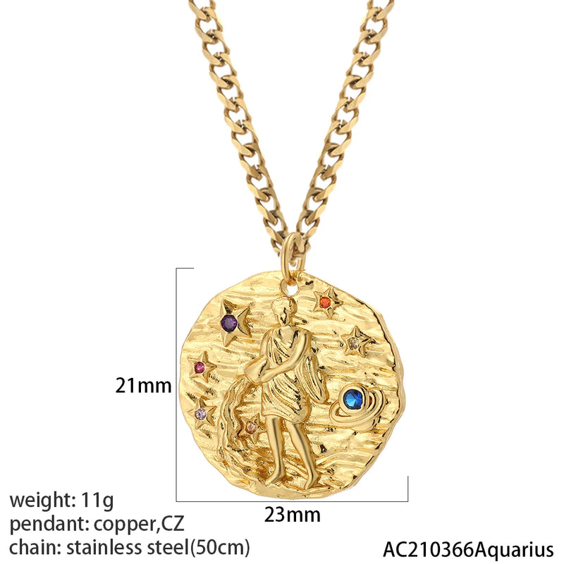 Zodiac Necklace Vintage Coin Pendant Copper Pave CZ Punk Collar