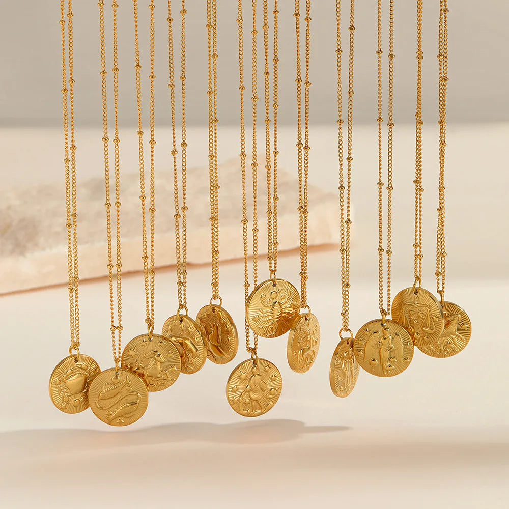Zodiac Constellation Stainless Steel Necklace Golden Amulet Vintage