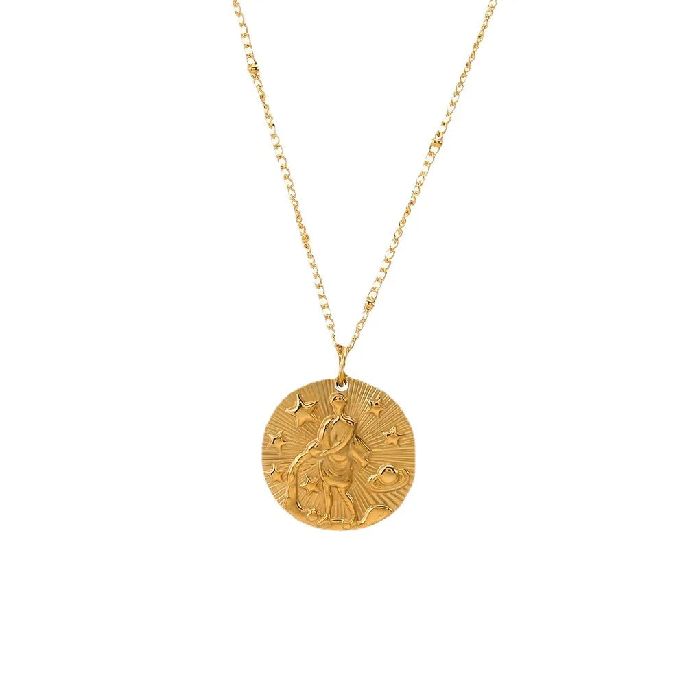 Zodiac Constellation Stainless Steel Necklace Golden Amulet Vintage