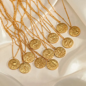 Zodiac Constellation Stainless Steel Necklace Golden Amulet Vintage