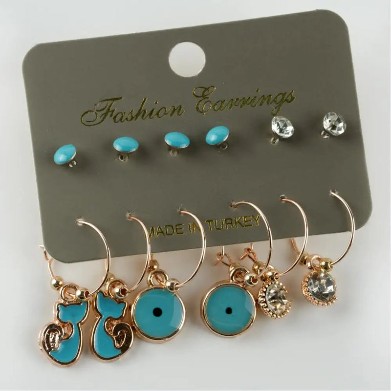 12-Piece Cat Cabochons Ring Earrings Set