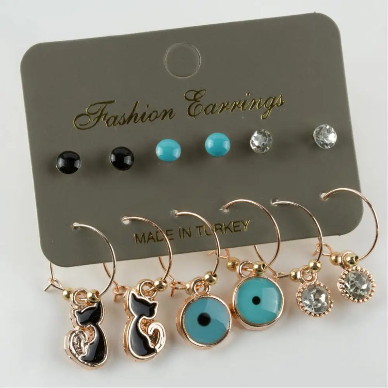 12pc Cat Cabochons Ring Earrings Set