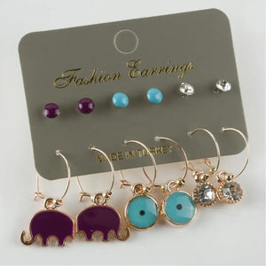 12 Elephant Cabochons Ring Earrings Set