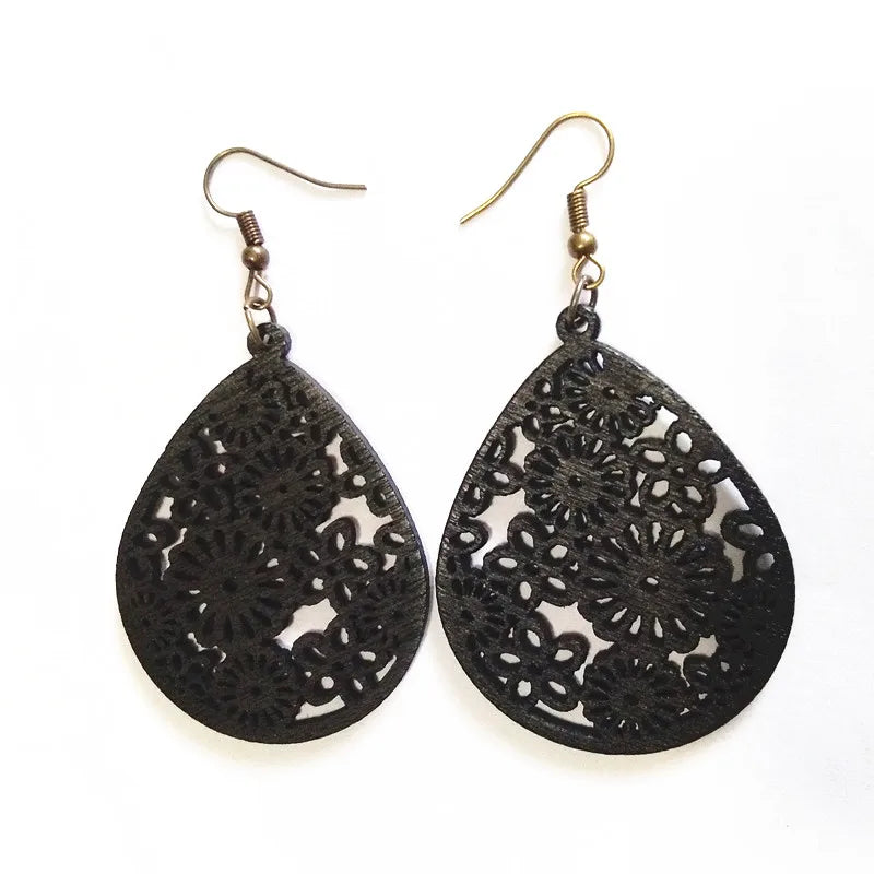 12 pair Laser Cut Wooden Earrings Heart Hoop Flowers Ancient Bronze Ear Hooks