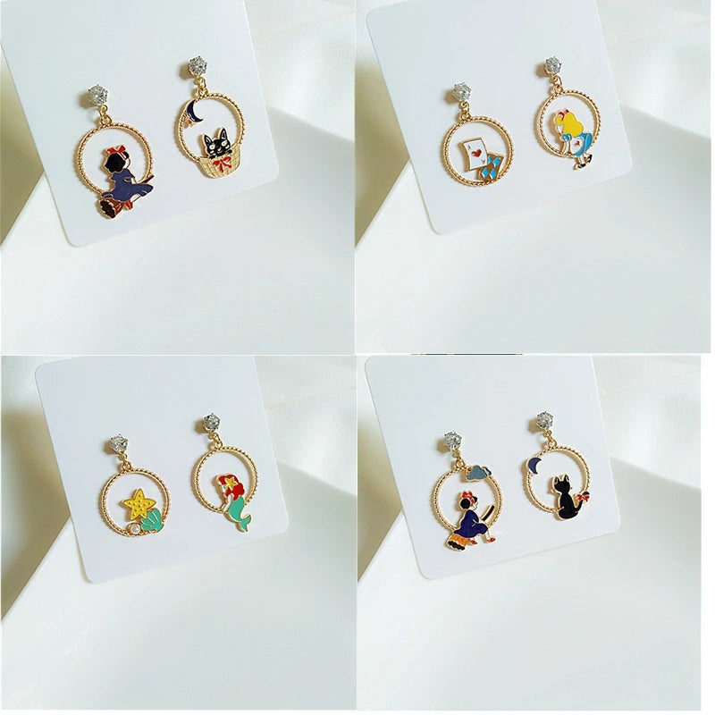 Enamel Cartoon Fairy Princess Mermaid Cat Earrings for Women