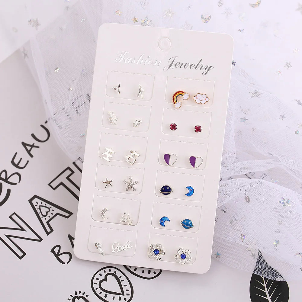 12 Pairs Minimalist Planet Moon Stud Earrings Mixed Women Wedding Jewelry