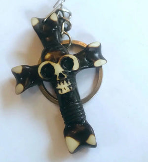 Vintage Gothic Demon Skull Motorcycle Keychain Punk Cross Men's Key Ring