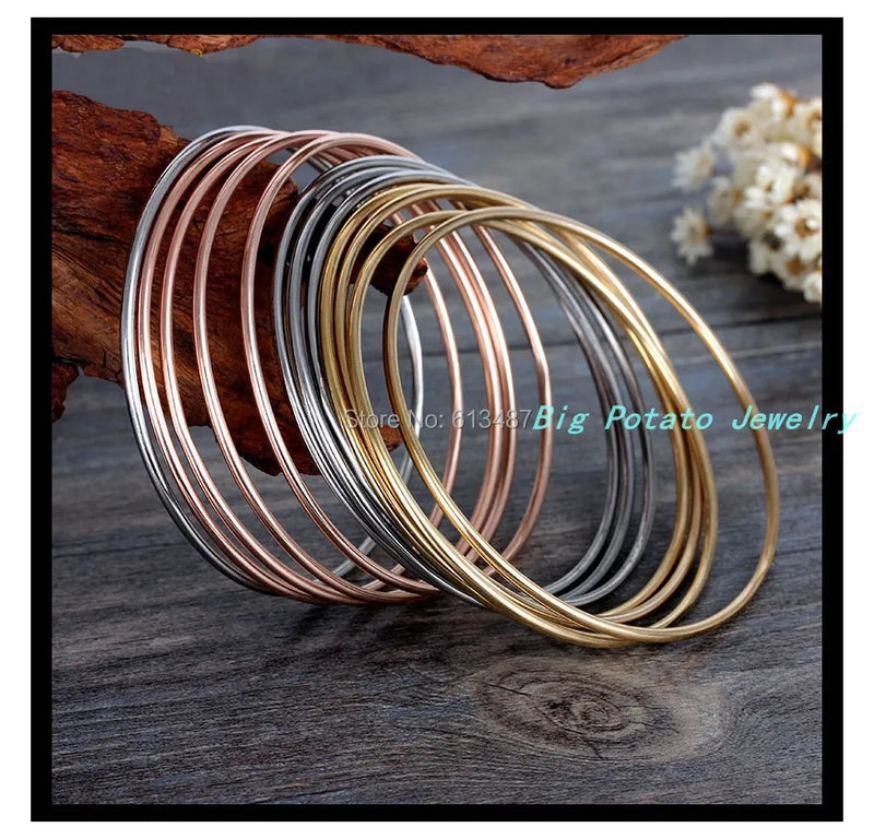 12 pcs Womens Bangles 316L Stainless Steel Silver/Gold/Rose Round Bracelets