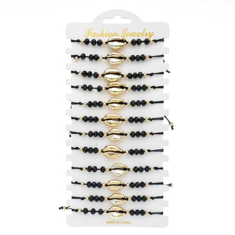 12 pcs Shell Charm Bracelets Crystal Adjustable Wristband Women Jewelry