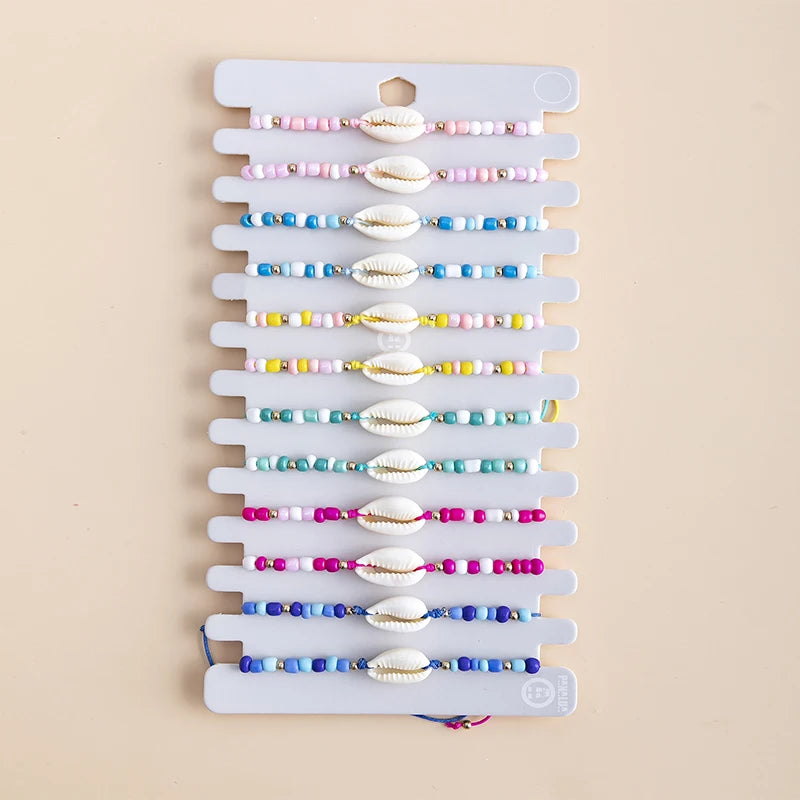 12 pcs Shell Rope Bracelets Set Colorful Beads Charm Chain Adjustable