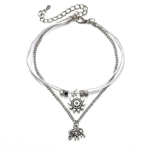Sun Elephant Anklet Antique Silver Beads Charms Leg Foot Chain