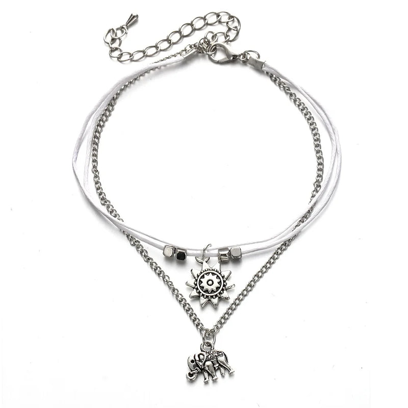 Sun Elephant Anklet Antique Silver Beads Charms Leg Foot Chain