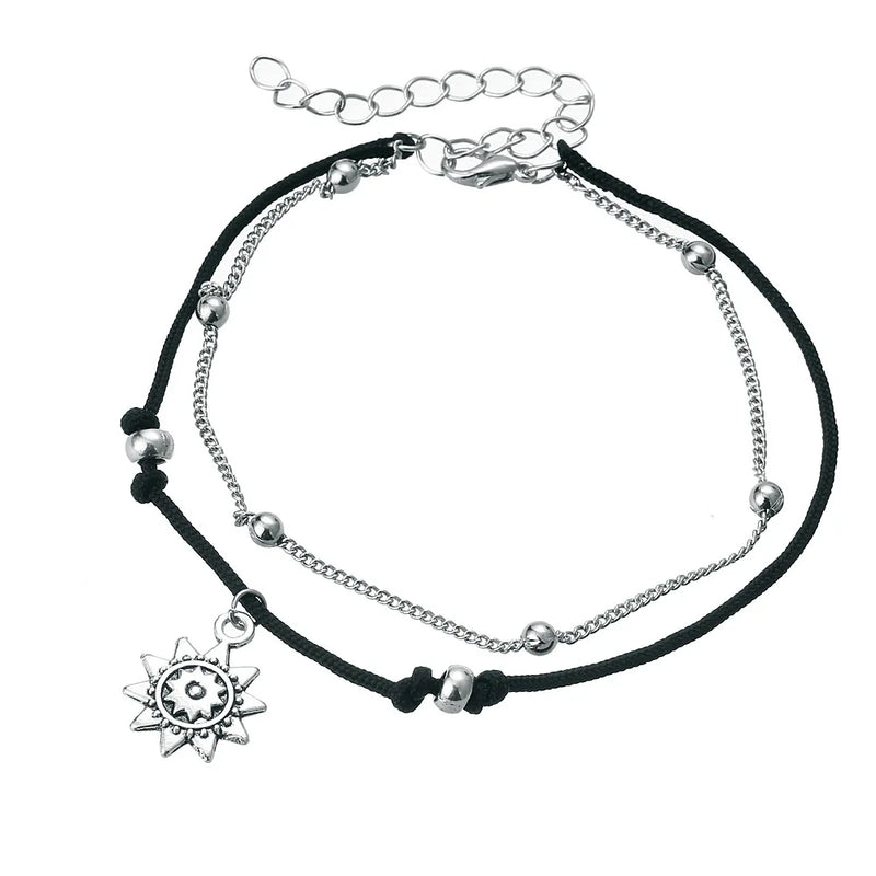 Sun Pendant Anklets Women Silver Beads Chain Ankle Bracelet