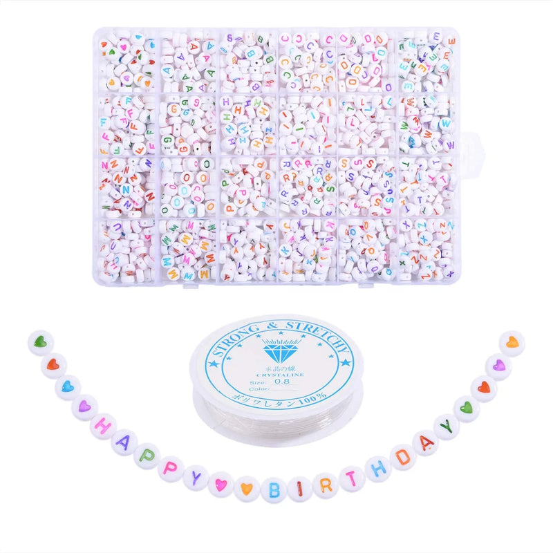 1200 Round Acrylic Letter Beads A-Z Heart Pattern & Crystal Thread for Jewelry