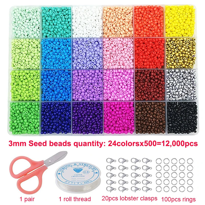 12000Pcs 3mm Glass Seed Beads Jewelry Making Beads Kit