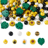 120Pc Farmhouse Natural Wood Beads Yellow Sunflower Green Leaf Wooden Bead