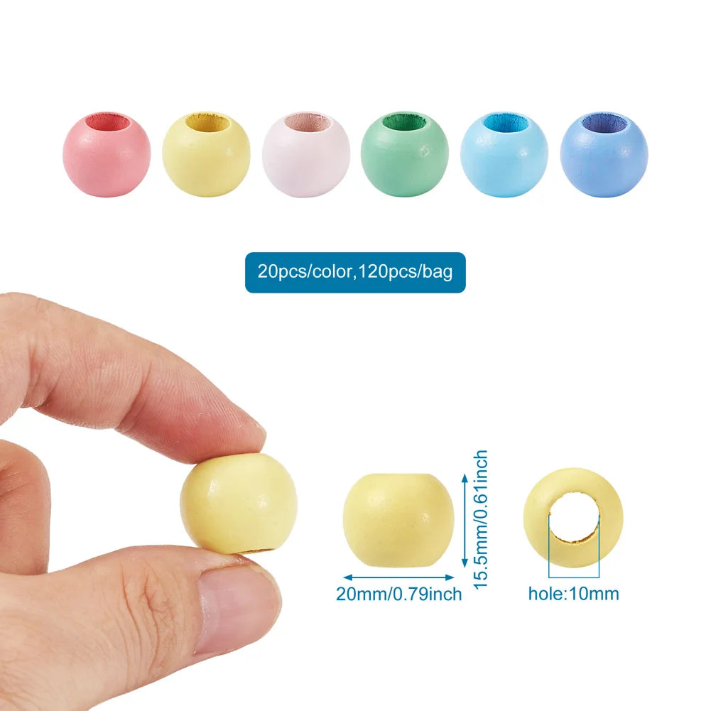 120Pcs 6-Color Wood Bead Round Mixed 15.5x20mm Hole 10mm